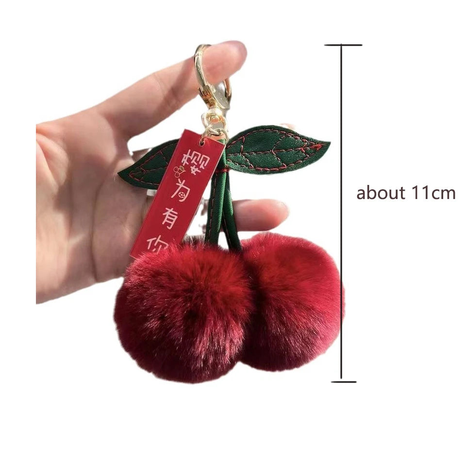 Fluffy Rex Rabbit Fur Ball Pompom Leaf Keychain Cherry Charm 🐰🍒✨