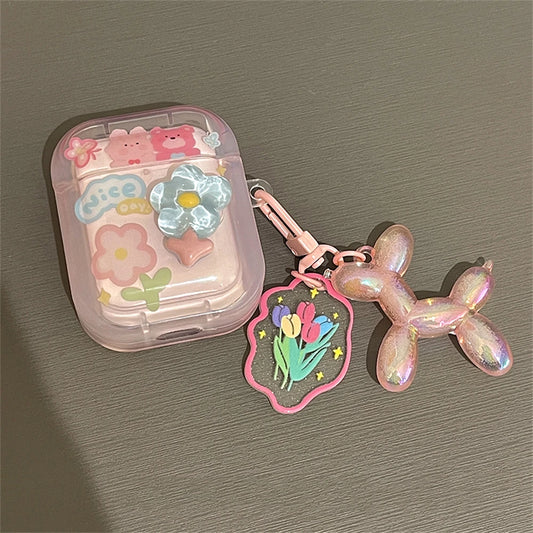 🌸Adorable 3D Blue Blossom Headphone Case for AirPods 🎧💖 with Cute Dog Tulip Charm! 🌼 - Pixie Quill