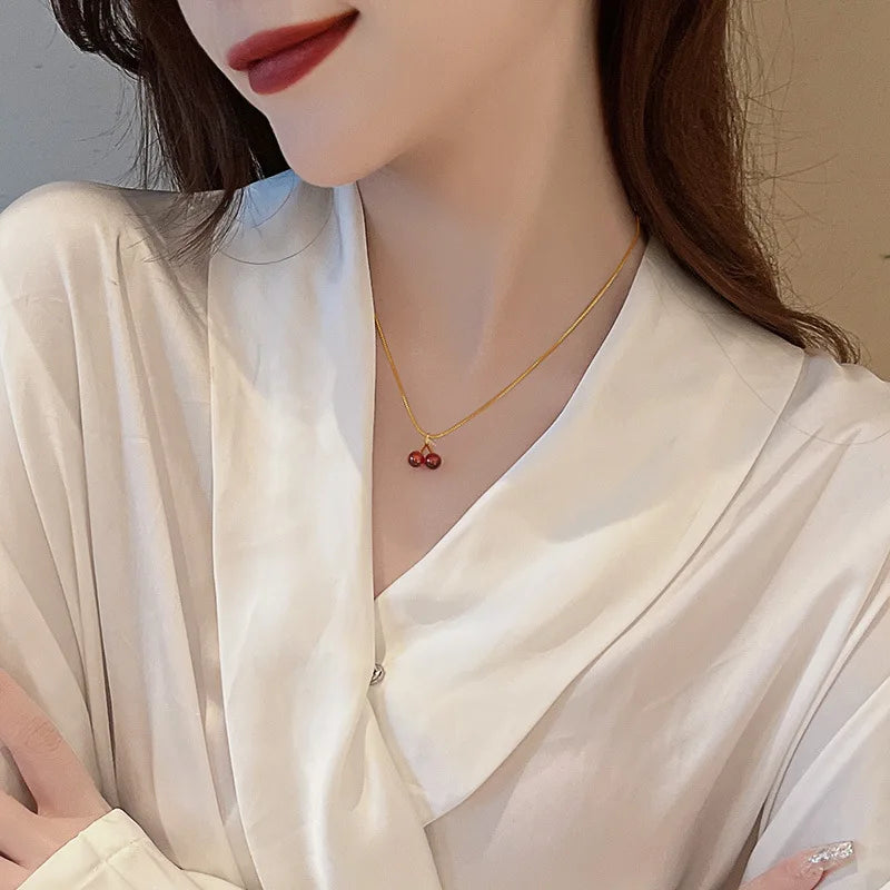 Kawaii Stainless Steel Cherry Blossom Pendant Necklace 🌸✨ - Fashionable Wedding Jewelry for Women, Perfect Birthday Gift! 🎉💖