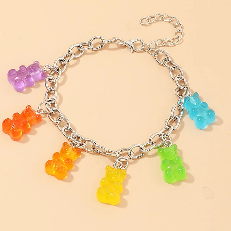 Kawaii Rainbow Candy Bear Bracelet 🍬🌈 - Colorful Hip Hop Jelly Accessory for Girls!