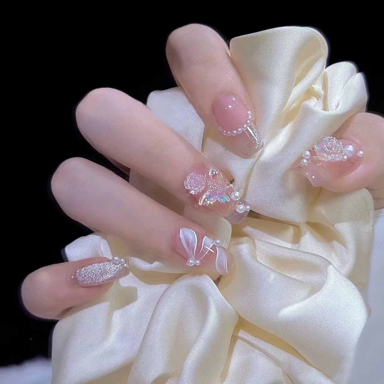 Kawaii Blush Pink 3D Bowknot & Pearl Press-On Nails 💖✨ | 24pcs Adorable Fake Nail Tips for Cute DIY Manicures!