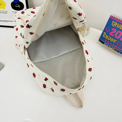 Women Kawaii Strawberry Pattern Backpacks with Pendant Corduroy School Knapsack Multi-pockets Students Daily Schoolbags Mochilas - Pixie Quill