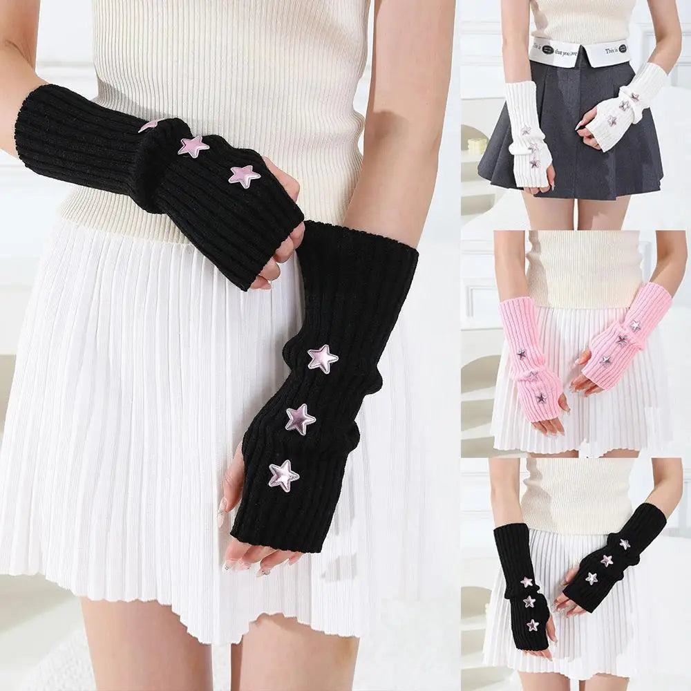 Y2K Fingerless Gloves Women Knitted Arm Warmers Cute Star Decor ⭐ Cozy Winter