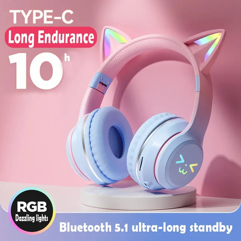 Kawaii Cat Ear Wireless Headphones 🐾🎧 RGB Lights & Microphone - Perfect Gift for Kids & Gamers! 🌟