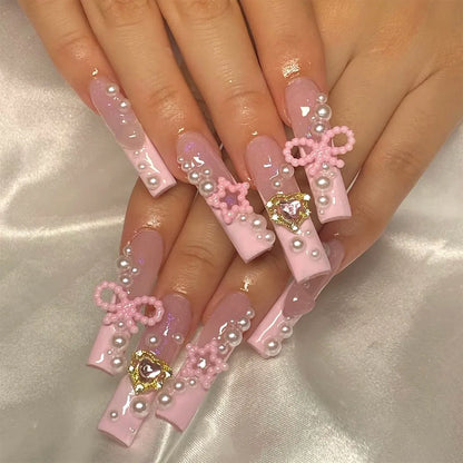 Kawaii Pink Bow Ballet Coffin Press-On Nails 🎀✨ - 24 Pcs Full Cover Magic!