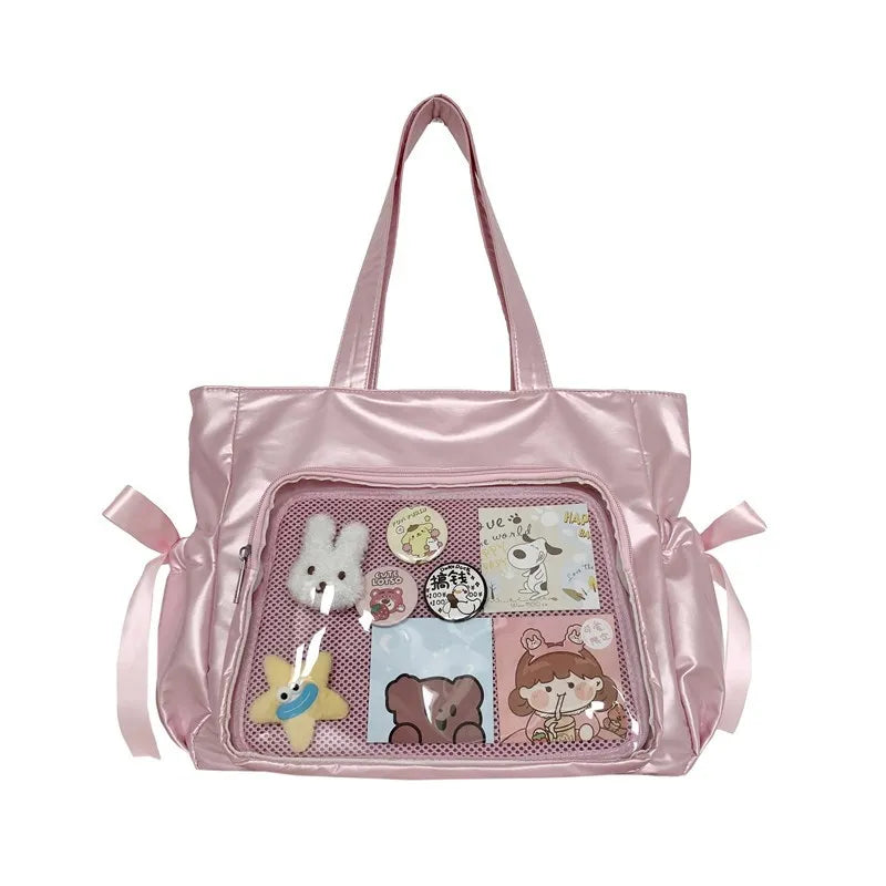 Kawaii Ribbon Bow Tote Bag 🌸✨ Sweet Forest Style | Large Capacity Double-Sided Handbag for Students 🎒💖