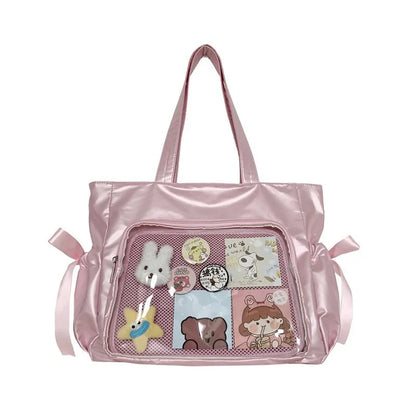 Kawaii Ribbon Bow Tote Bag 🌸✨ Sweet Forest Style | Large Capacity Double-Sided Handbag for Students 🎒💖