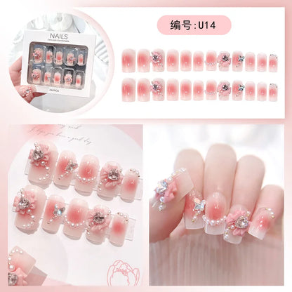 Kawaii Blush Pink 3D Bowknot & Pearl Press-On Nails 💖✨ | 24pcs Adorable Fake Nail Tips for Cute DIY Manicures!