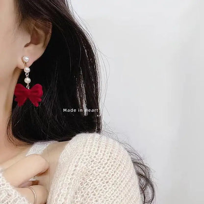 Charming Wine Red Bow Pearl Tassel Earrings 🎀🌟 | Kawaii 2024 Bridal Jewelry ✨