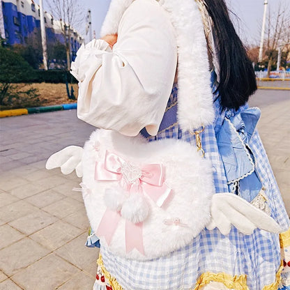 Kawaii Plush Heart Shoulder Bag 💖✨ | Fluffy Bow Armpit Bag 👜 | Cute Winged Lolita Aesthetic Fashion