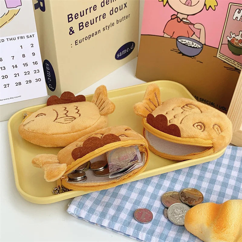 Kawaii Taiyaki Plush Pencil Case 🐟✨ - Adorable Lipstick & Key Zipper Storage Bag for Kids 🎀🎧