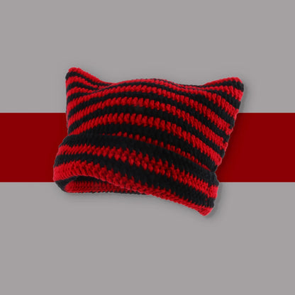 Kawaii Striped Devil Beanie 🎀 | Cute Cat Ear Knit Hat for Women 🐾 | Cozy Winter Crochet Cap ❄️