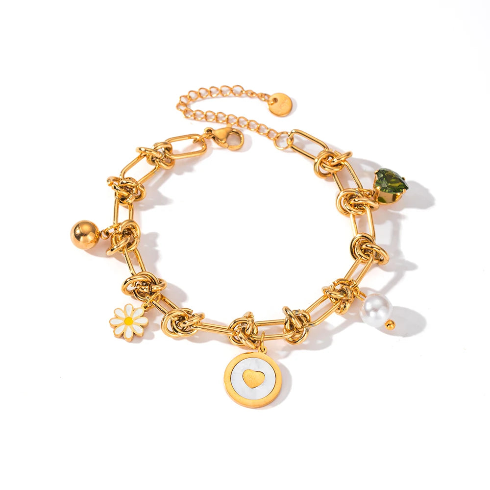 Dreamy Pearl Flower Pendant Bracelet With Zircon And Mother Of Pearl In 18K Gold Stainless Steel For Women Gift 💖🌸✨