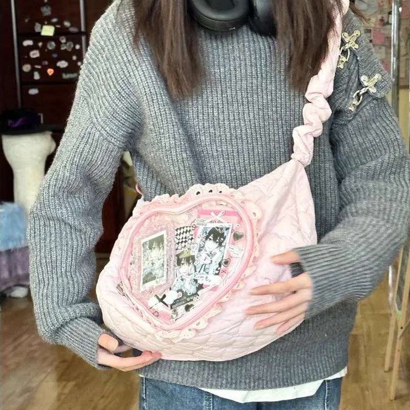 Transparent Heart Pocket Japanese Pain Bags Pleated Shoulder Strap Harajuku Dumpling Bags Lace Y2k Lolita Girls Bag Women's Bags