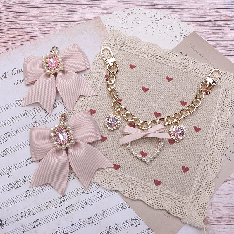 Kawaii Pearl Bow Rhinestone Love Pendant Bag Charm 🎀 | Handmade Japanese Sweet Accessories for Girls 💖✨