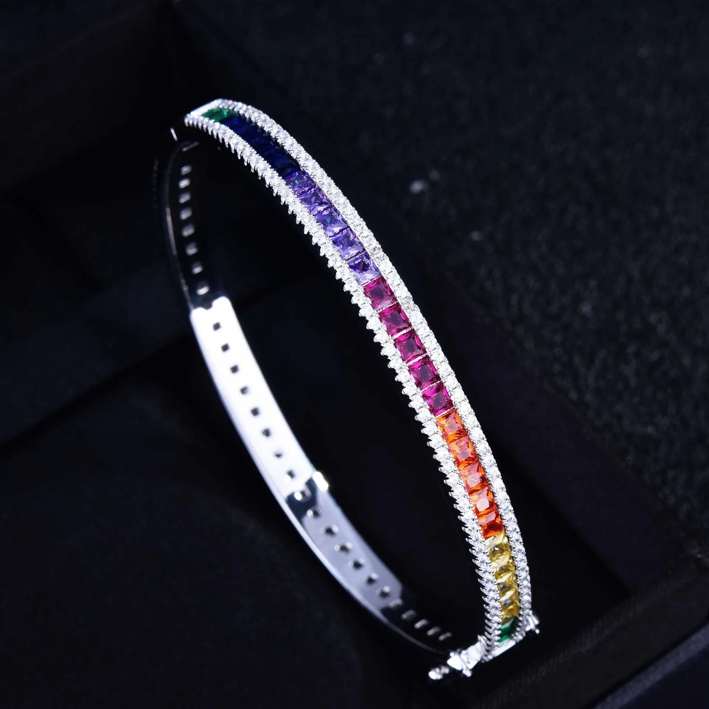 Kawaii Sparkle 🌈✨ Rainbow Zircon Bangle - Luxurious Colorful Diamond Bracelet for Girls 🎀 Fine Jewelry Gift!