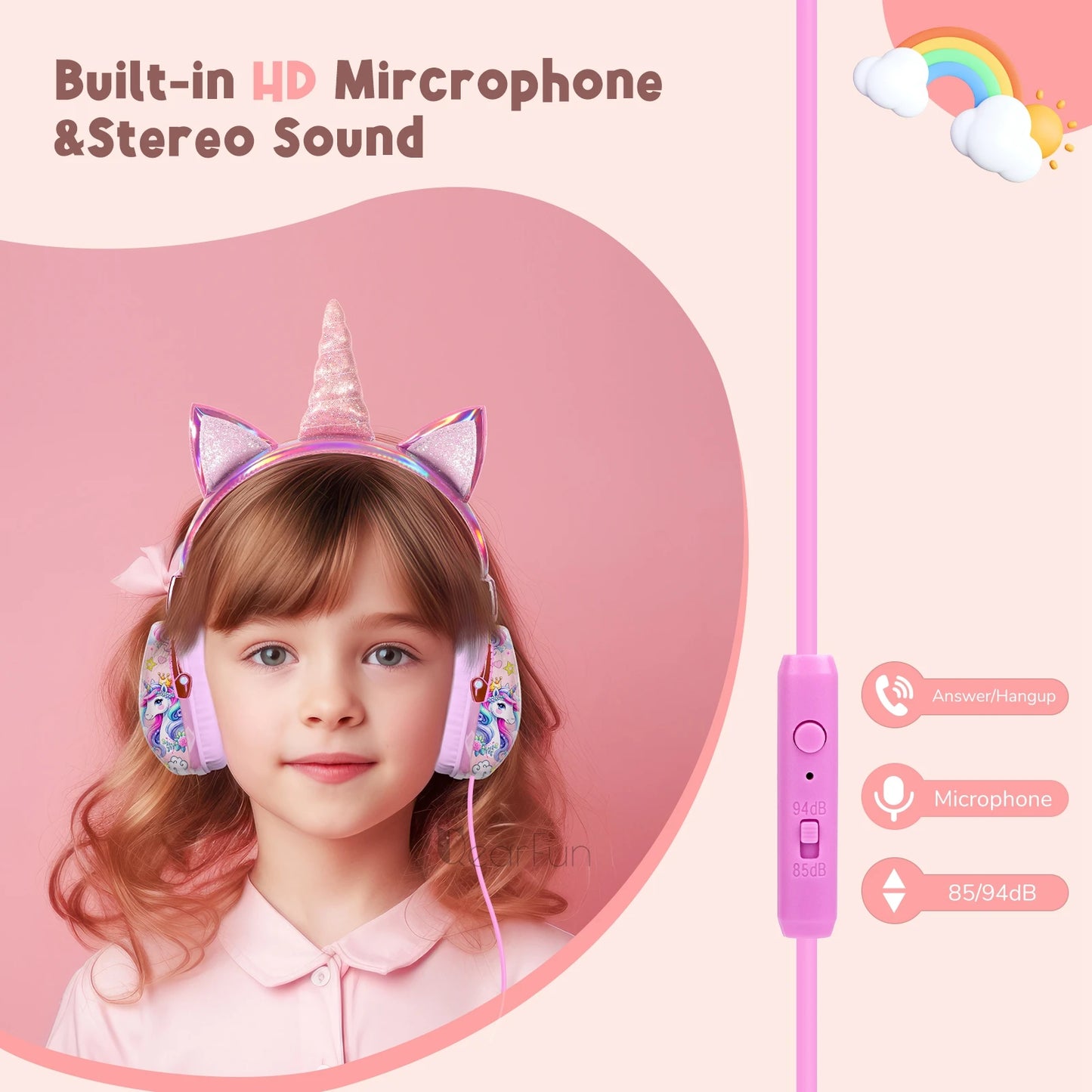 🌈✨ Adorable Unicorn Kids Headphones with Mic 🎧 | 85dB Volume Limit for Safe Listening 🎀 | Perfect for iPads, School & Travel 🦄💖