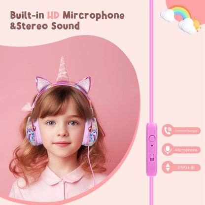🌈✨ Adorable Unicorn Kids Headphones with Mic 🎧 | 85dB Volume Limit for Safe Listening 🎀 | Perfect for iPads, School & Travel 🦄💖