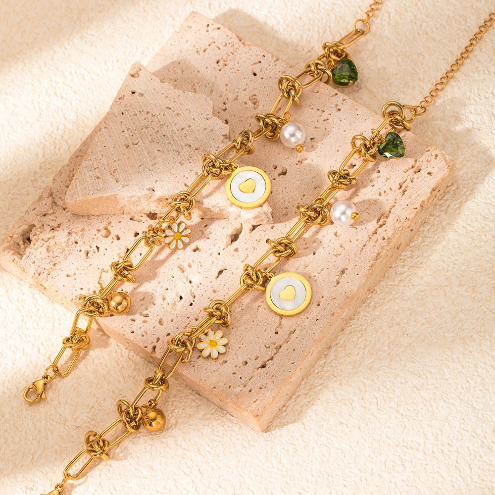 Dreamy Pearl Flower Pendant Bracelet With Zircon And Mother Of Pearl In 18K Gold Stainless Steel For Women Gift 💖🌸✨