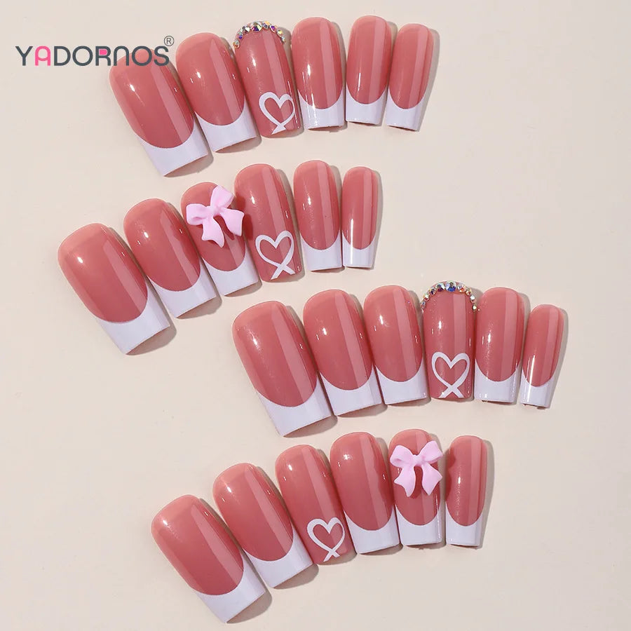 Kawaii Pink Bowknot & Diamond French Tip Press-On Nails 💖✨ | Medium Length Nail Art for Sweet Girls 🌸💅