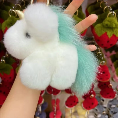 Kawaii Fluffy Unicorn Keychain Charm 🦄✨ Real Rabbit Fur Backpack Clip & Handbag Accessory for Girls & Women