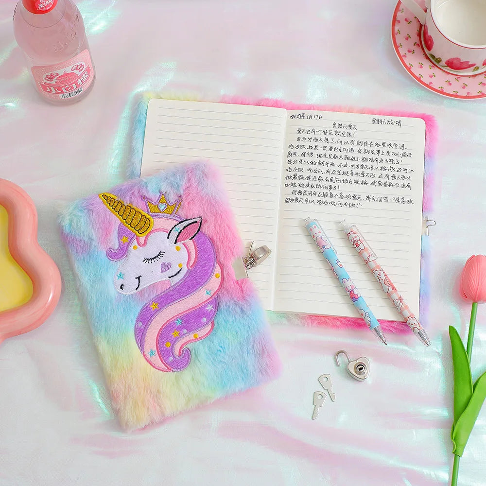 Kawaii Unicorn Plush Lockable Diary ✨🌈 - Magical Notebook for Kids! 🦄📖