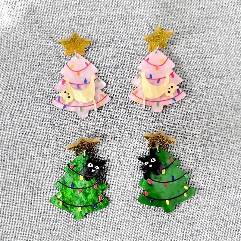 Cute Christmas Tree Dangle Earrings With Star Cat Design 🎄⭐🐱 Acrylic