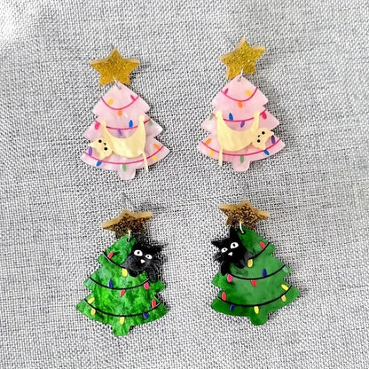Cute Christmas Tree Dangle Earrings With Star Cat Design 🎄⭐🐱 Acrylic