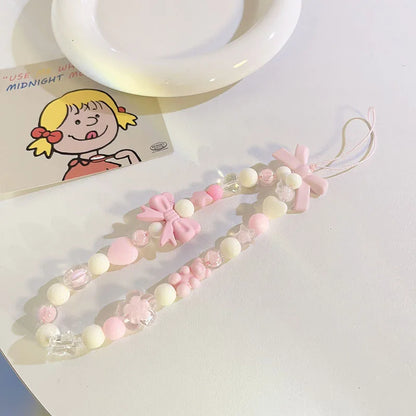 Kawaii Pink Bear & Bow Lanyard 🌸✨ Cute Pearl Phone Charm Strap for Girls❤️🦄