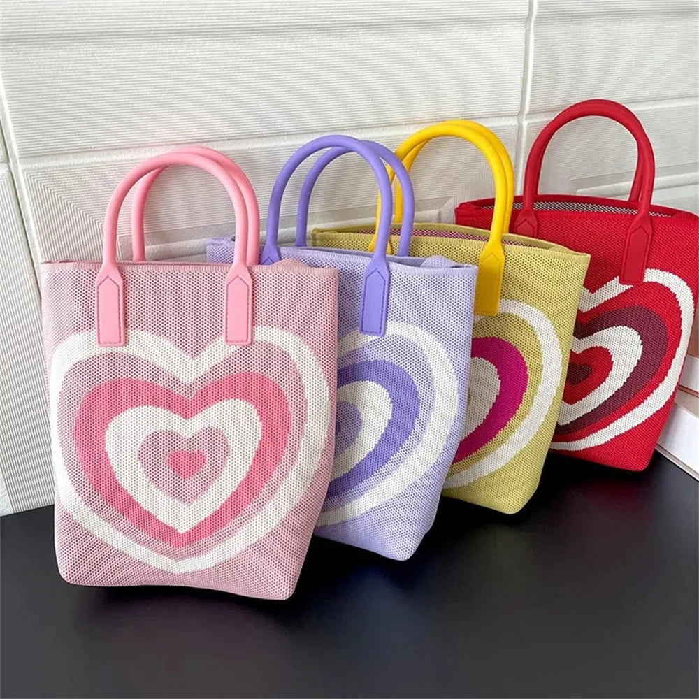 Kawaii Heart Knitted Tote Bag 🌈💕 | Stylish Women’s Crossbody & Beach Handbag 🏖️✨