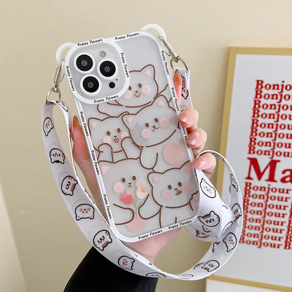 🐻✨ Adorable Bear Phone Case with Lanyard for iPhone 14/13/12/11 Pro Max & More! 🐾💕