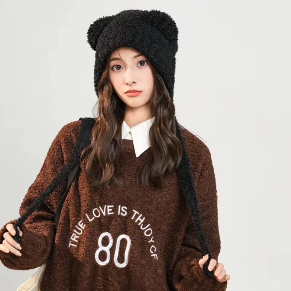 Kawaii Bear Ear Knitted Wool Hat 🐻❄️ | Cozy Winter Bomber Cap with Lace-Up Design for Warmth!