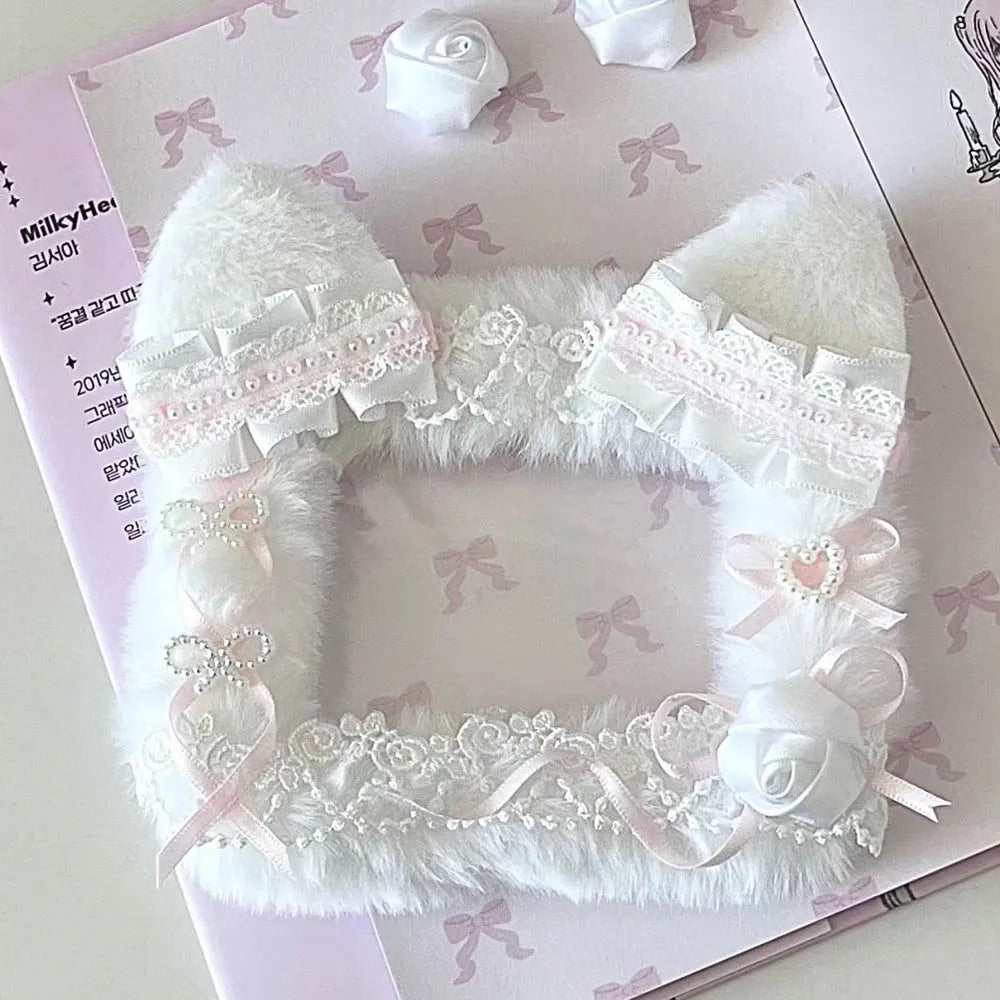 Kpop Idol Photo Holder Poker Storage Decor with Lace and Ribbon Plush Ears Cute Photocard Top Loader