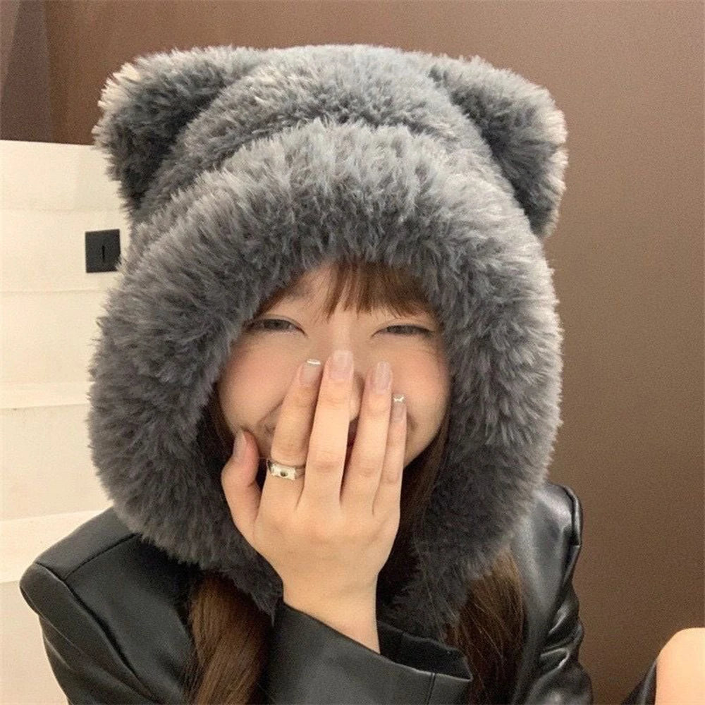 Women Winter Fox Fur Plush Beanie With Bear Ears Cosplay Cap Cozy Warm Hat 🦊❄️