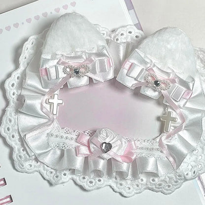 Kpop Idol Photo Holder Poker Storage Decor with Lace and Ribbon Plush Ears Cute Photocard Top Loader