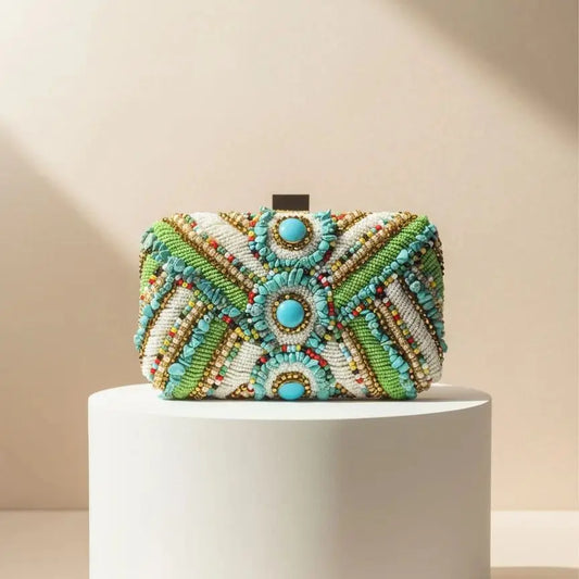 Emerald Green Beaded Embroidery Evening Clutch With Flap And Chain 🎀✨