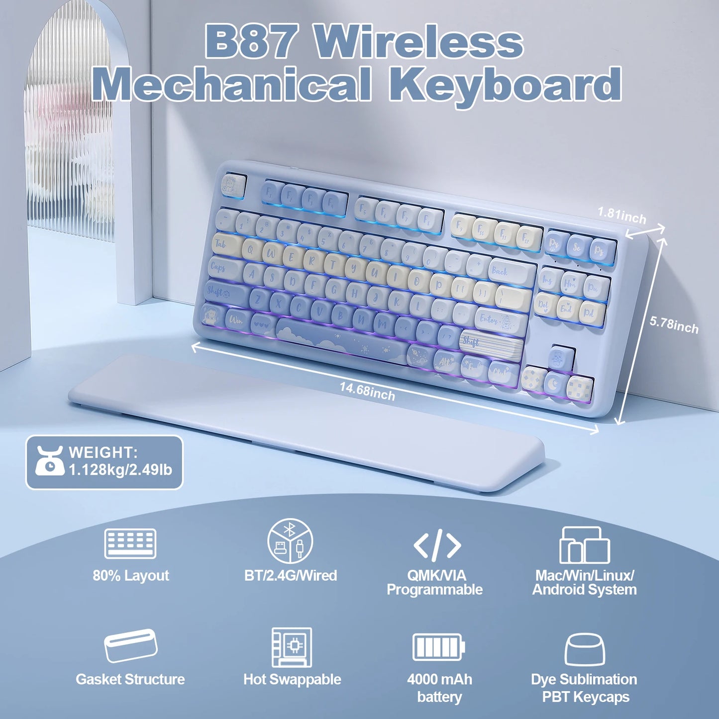 Cute Kawaii Wireless RGB Mechanical Keyboard 🐻✨ | YUNZII B87 with Gasket Mount, Hot Swappable Switches & Soft Wrist Rest! 🎮💖