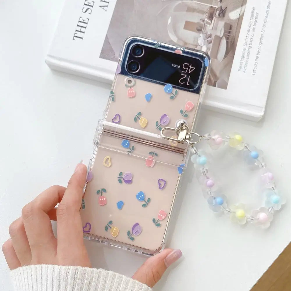 🌸✨Cute Floral Charm Case for Samsung Z Flip 6/5/4/3 - Adorable Transparent Design with Bracelet! 💖📱