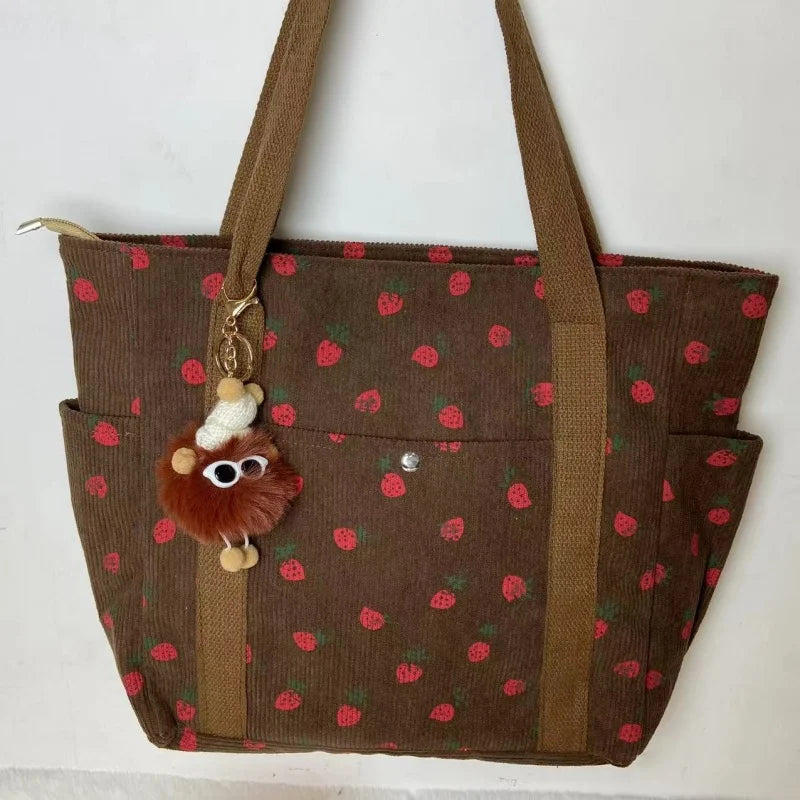 🍓 Adorable Strawberry Corduroy Shoulder Bag 🎒 Stylish & Spacious Classroom Tote! 🌸 - Pixie Quill