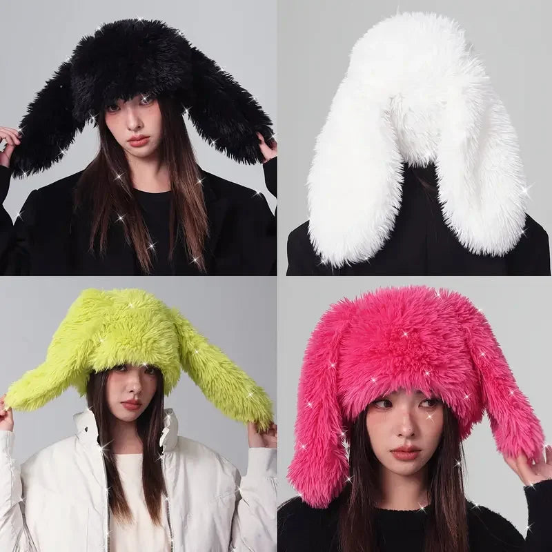 Kawaii Bunny Ears Plush Hat 🐰✨ | Cozy Faux Fur Skull Cap for Women - Perfect for Parties & Daily Wear!