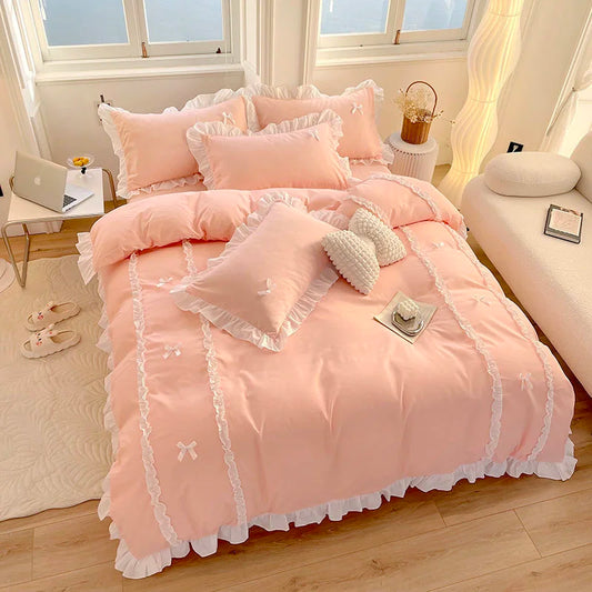 Kawaii Princess Dreamland Bedding Set with Lace & Bowknot Accents 🌸✨