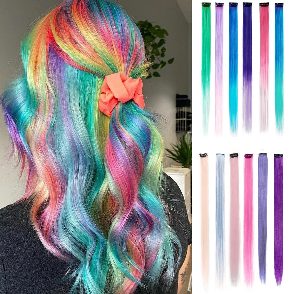 🌈✨ 6 Colorful Clip-In Hair Strands for Fun Party Looks - 22" Rainbow Dream Extensions! 🎉💖 - Pixie Quill