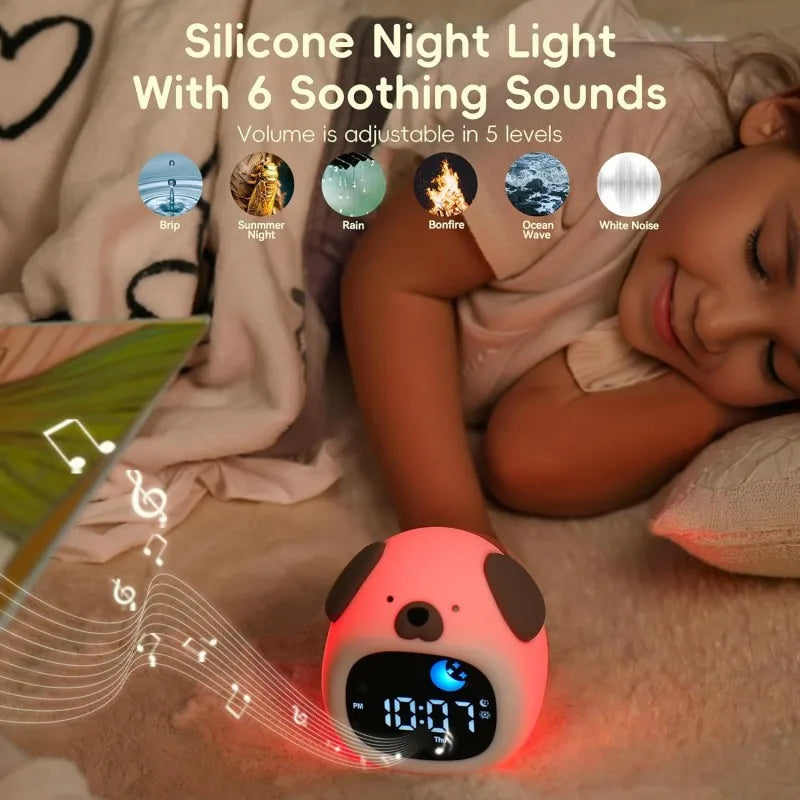 Kawaii Puppy Alarm Clock 🐶💤 | Cute Toddler Sleep Trainer with Colorful Night Light 🌈✨ for Kids' Bedrooms