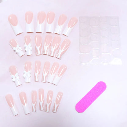 Kawaii 24pcs Bowknot Coffin Press-On Nails 🎀✨ Sweet French Tips with White Pearls for Summer Parties 🌸💅