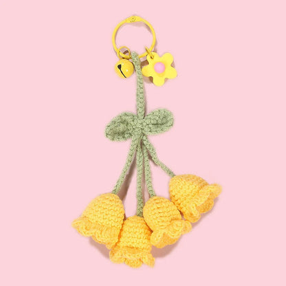 Fluffy Knitted Flower Keychain With Bell 🔔 Crocheted Wool Bag Charm For Women