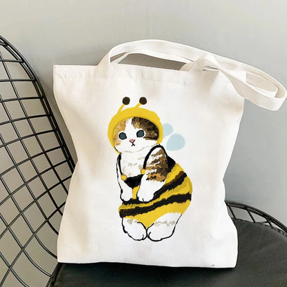 Kawaii Cat Canvas Tote: Adorable Shoulder Bag for Fashionable Girls 🐾🌟 - Pixie Quill