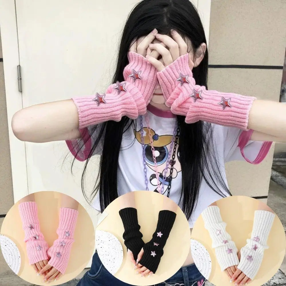 Y2K Fingerless Gloves Women Knitted Arm Warmers Cute Star Decor ⭐ Cozy Winter