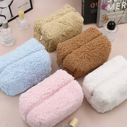 Kawaii Lambswool Plush Makeup Organizer 🐑✨ | Adorable Cosmetic Bag & Travel Pouch 🎀💖