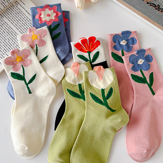 🌸 Cute Cartoon Flower Mid Tube Socks - Harajuku Vibes in Candy Colors! 🌈