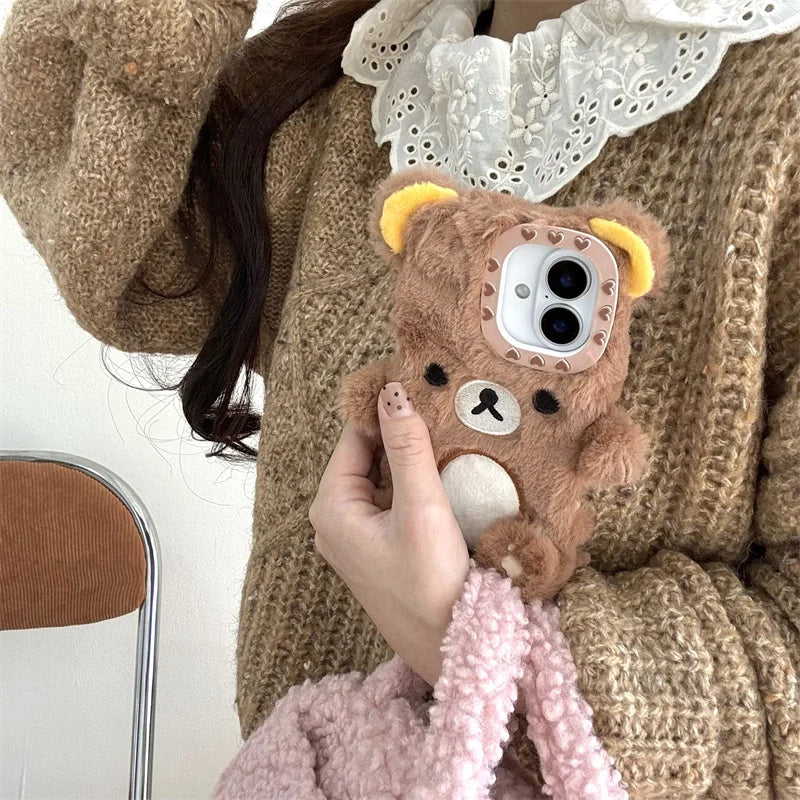 Kawaii Plush Bunny Teddy Bear Phone Case 🐰✨ for iPhone 12-16 Pro Max – Adorable Custom Scarf Design!